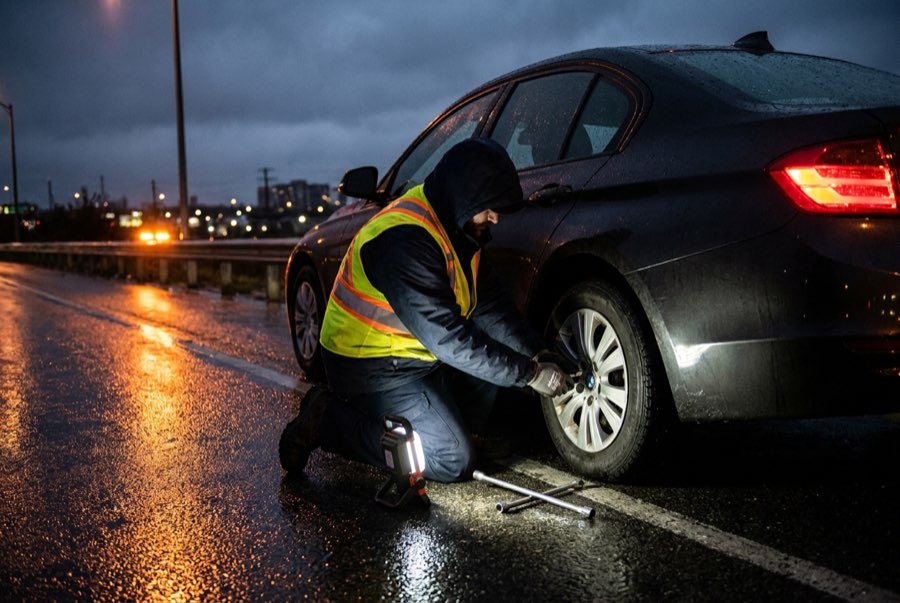 Roadside technician in a reflective vest changing a tire at night