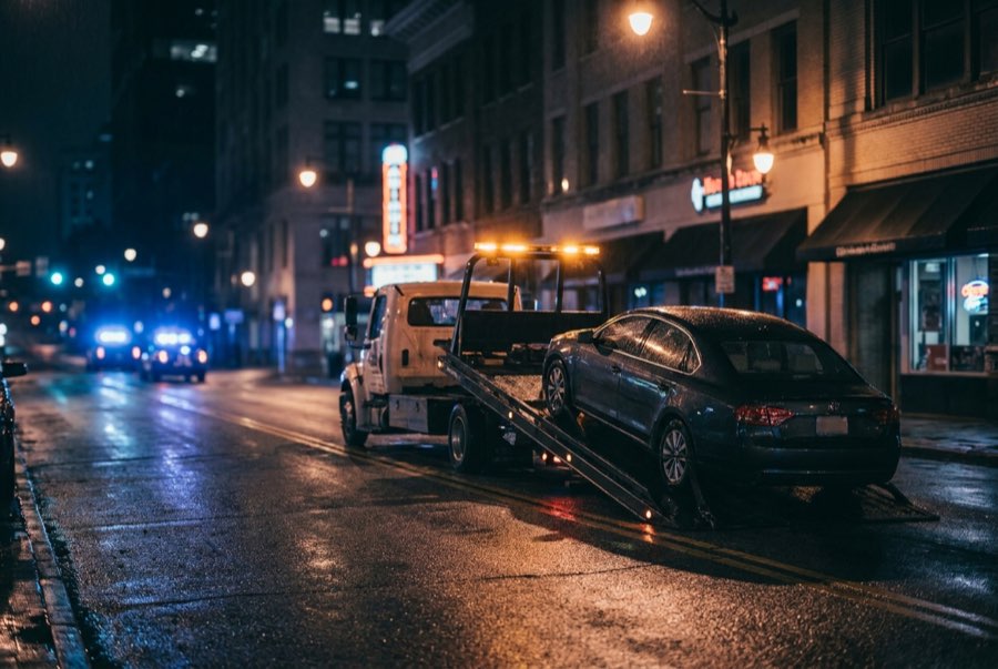 Tow truck loading a sedan on a city street at night