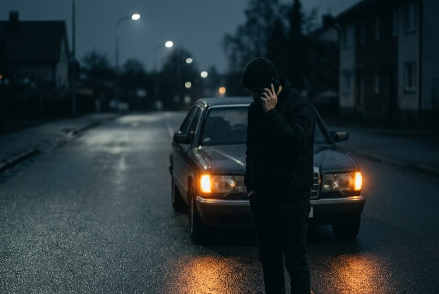 Driver calling for a tow beside a broken-down car at night